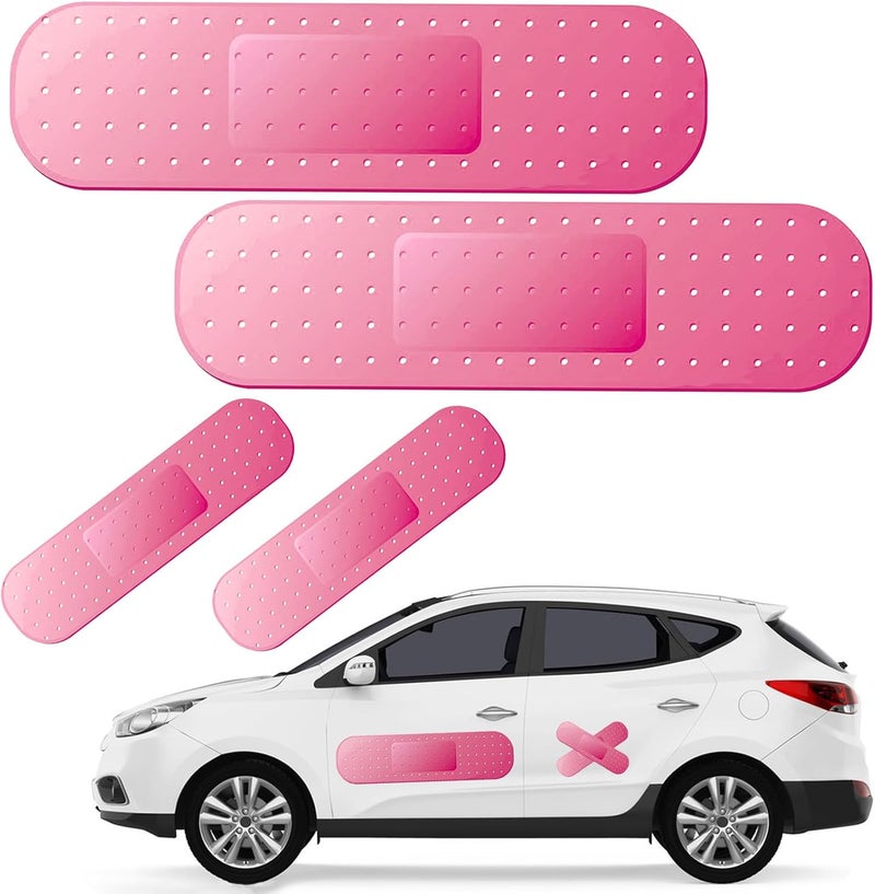 Keromtein 4pcs Funny Car Band Aid Sticker for Car Damage, 10/24in Giant Band Aid Car Decals for Cover Dent Crack and Scratch, Car Bumper Sticker, Large Vehicle Body Bandage (Pink 2pcs Large and 2pcs Small Size) - Image 1